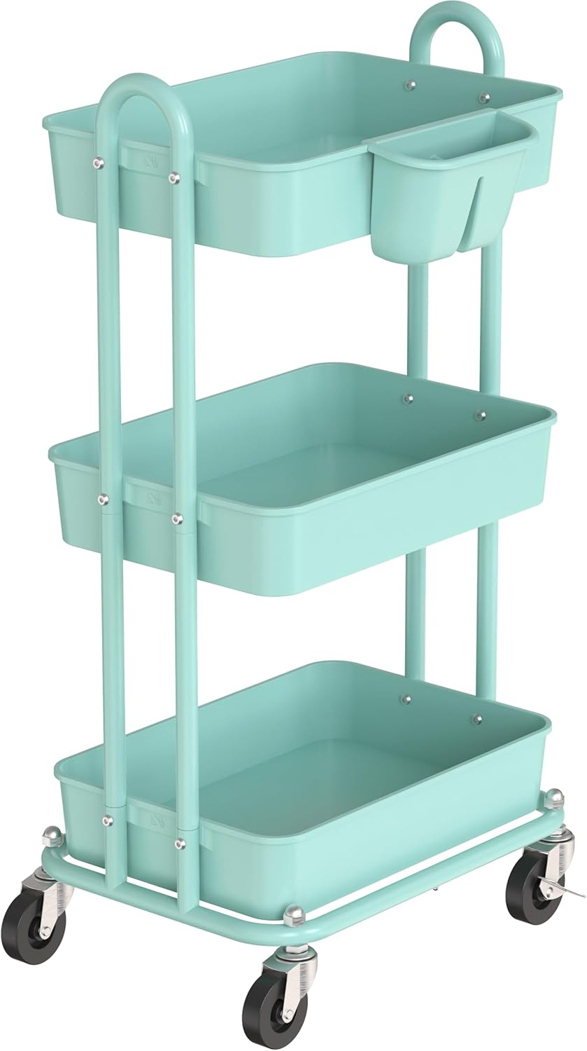 4-Tier Rolling Utility Cart with Hanging Bucket, Turquoise