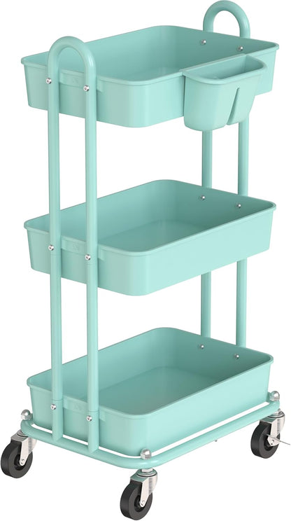4-Tier Rolling Utility Cart with Hanging Bucket, Turquoise