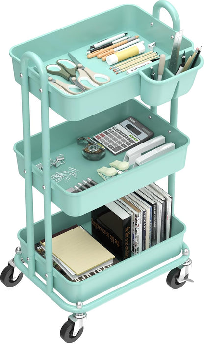4-Tier Rolling Utility Cart with Hanging Bucket, Turquoise