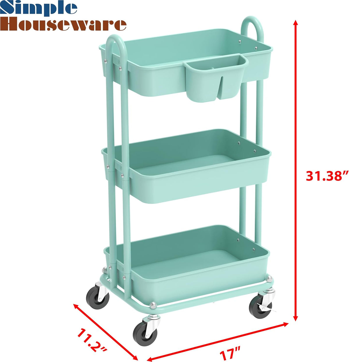 4-Tier Rolling Utility Cart with Hanging Bucket, Turquoise