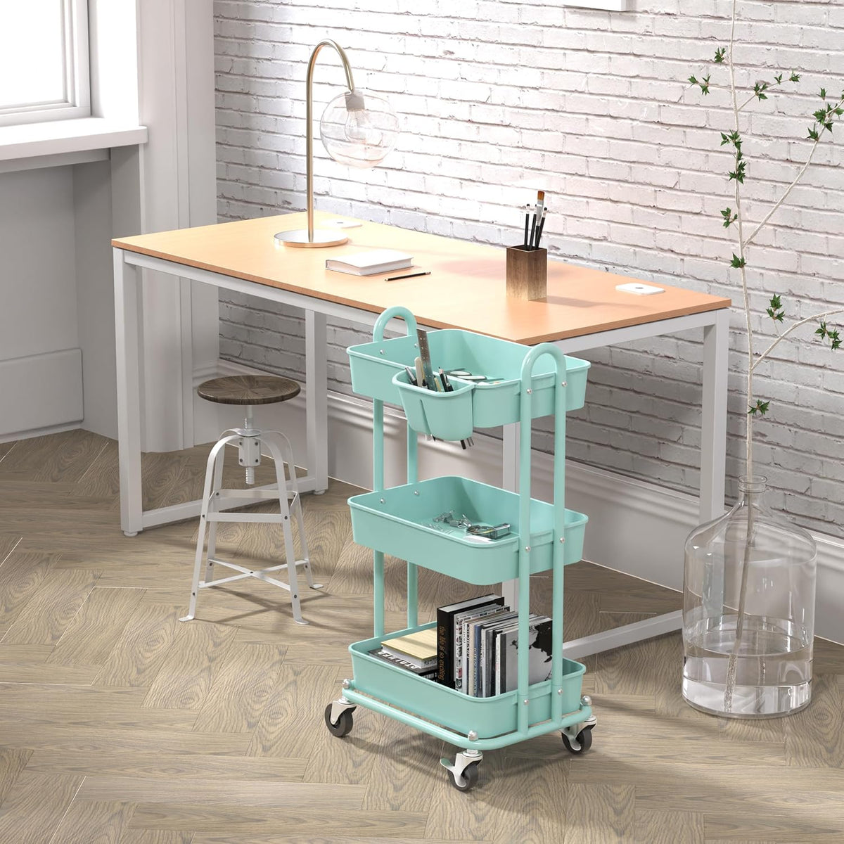 4-Tier Rolling Utility Cart with Hanging Bucket, Turquoise