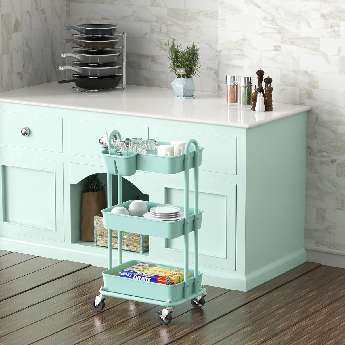 4-Tier Rolling Utility Cart with Hanging Bucket, Turquoise