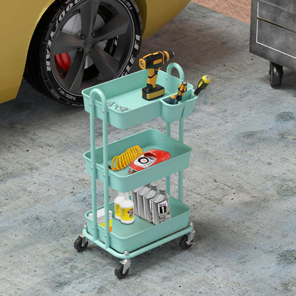 4-Tier Rolling Utility Cart with Hanging Bucket, Turquoise