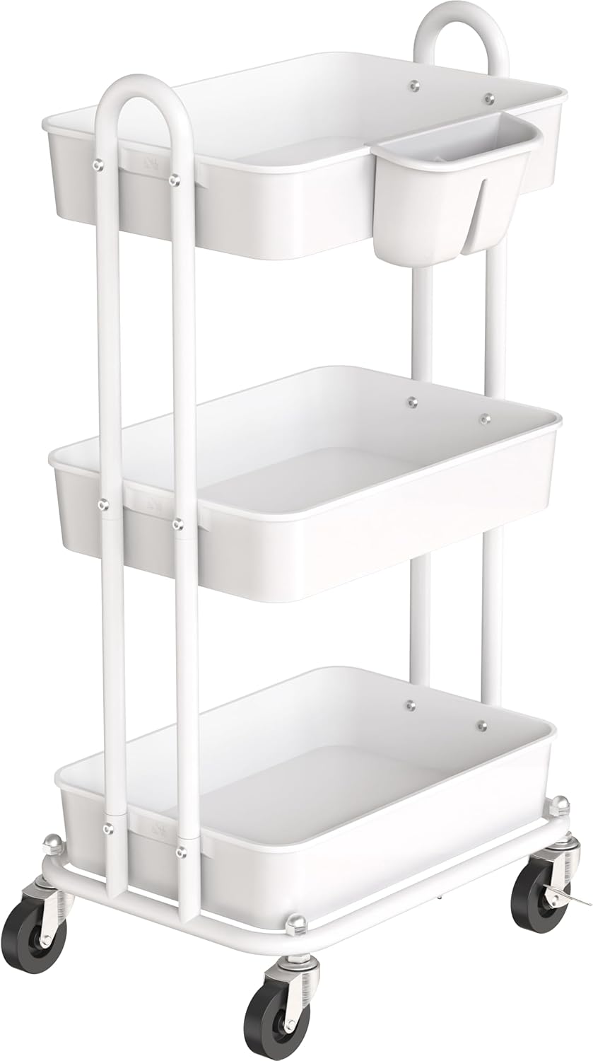 4-Tier Rolling Utility Cart with Hanging Bucket, Turquoise