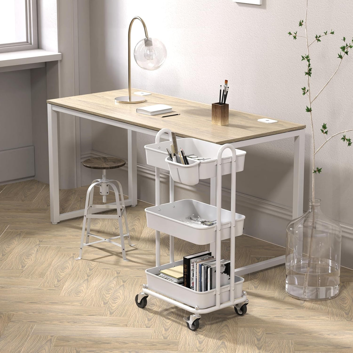 4-Tier Rolling Utility Cart with Hanging Bucket, Turquoise