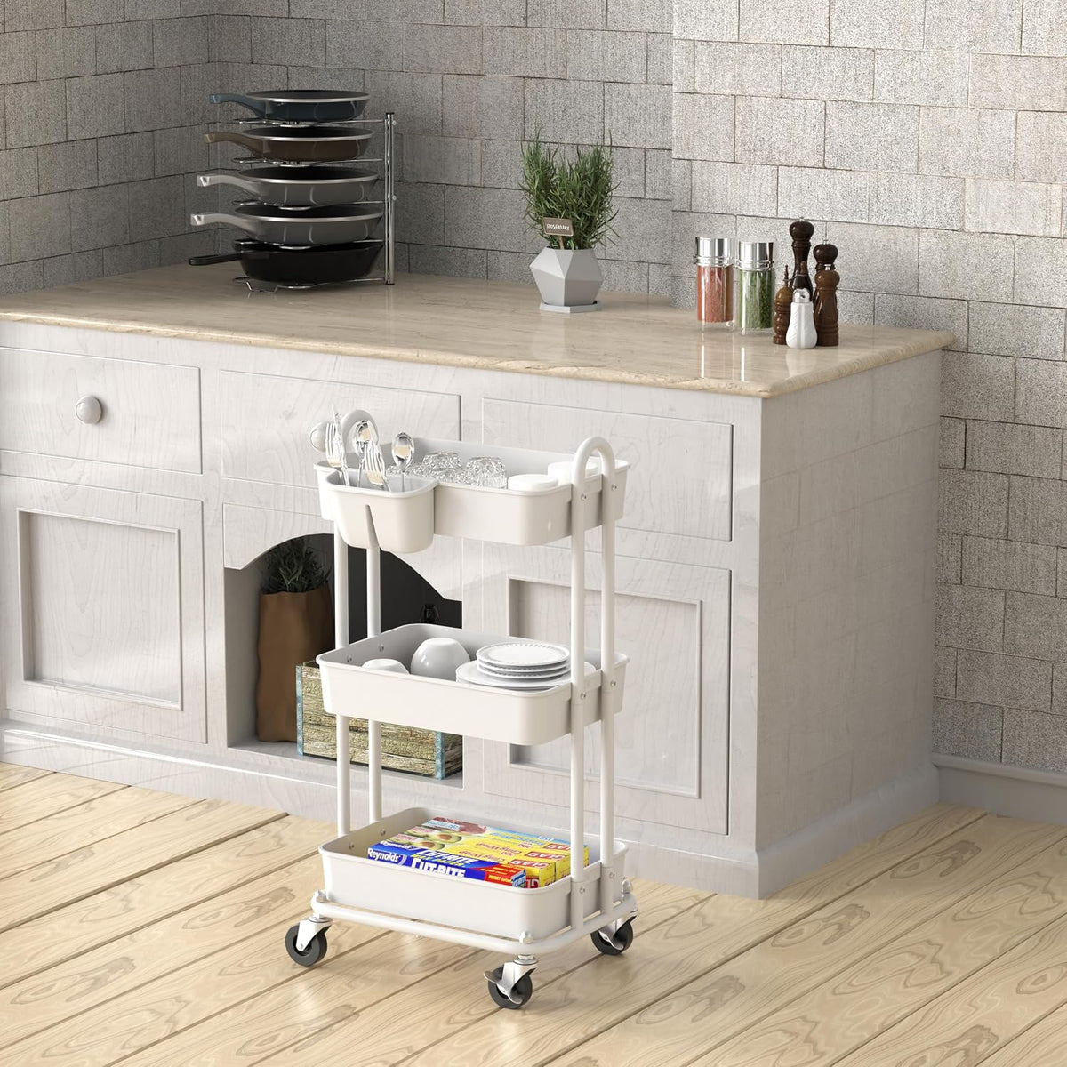 4-Tier Rolling Utility Cart with Hanging Bucket, Turquoise