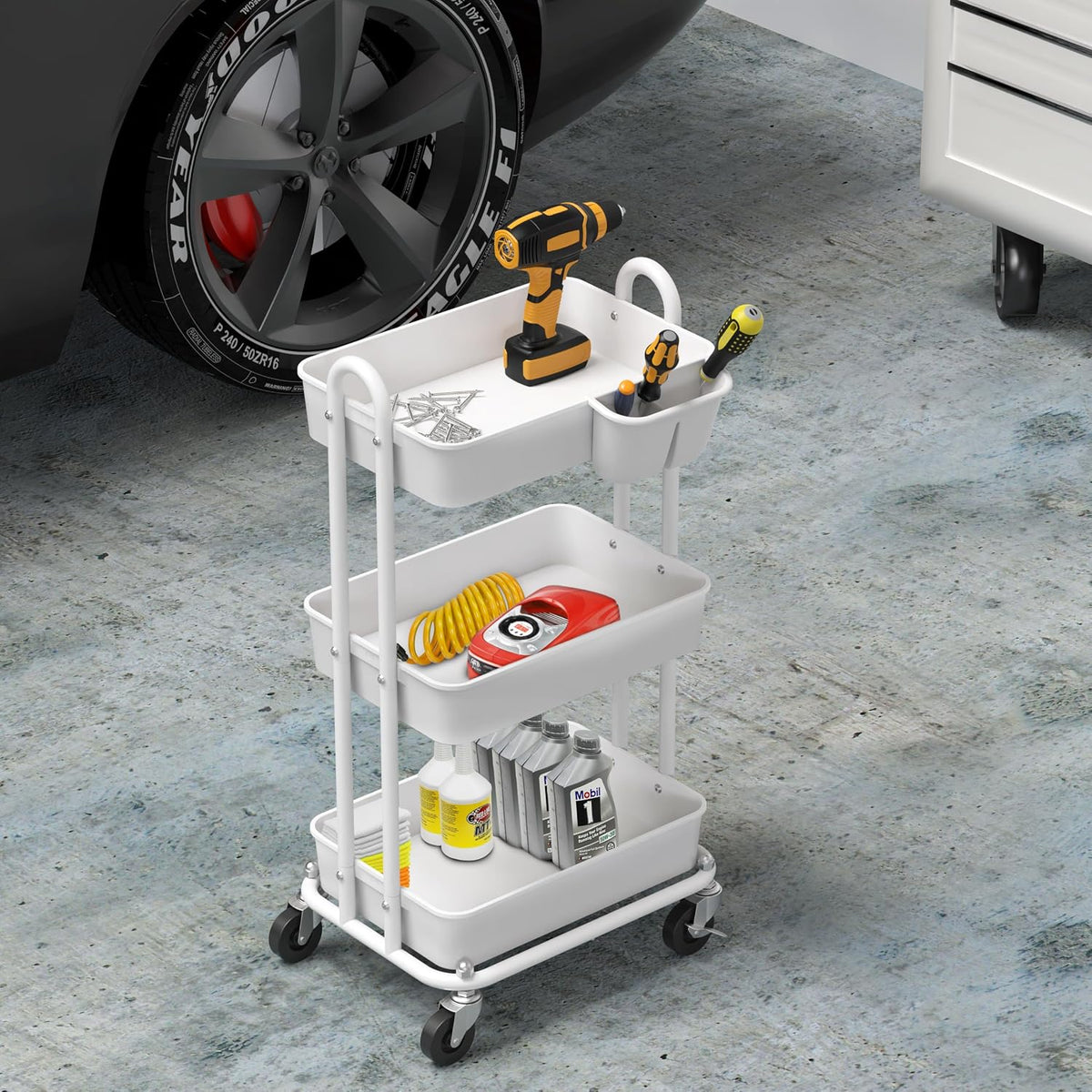4-Tier Rolling Utility Cart with Hanging Bucket, Turquoise