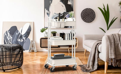 4-Tier Rolling Utility Cart with Hanging Bucket, Turquoise