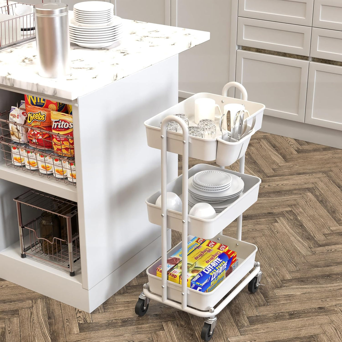 4-Tier Rolling Utility Cart with Hanging Bucket, Turquoise