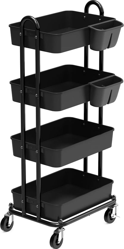 4-Tier Rolling Utility Cart with Hanging Bucket, Turquoise