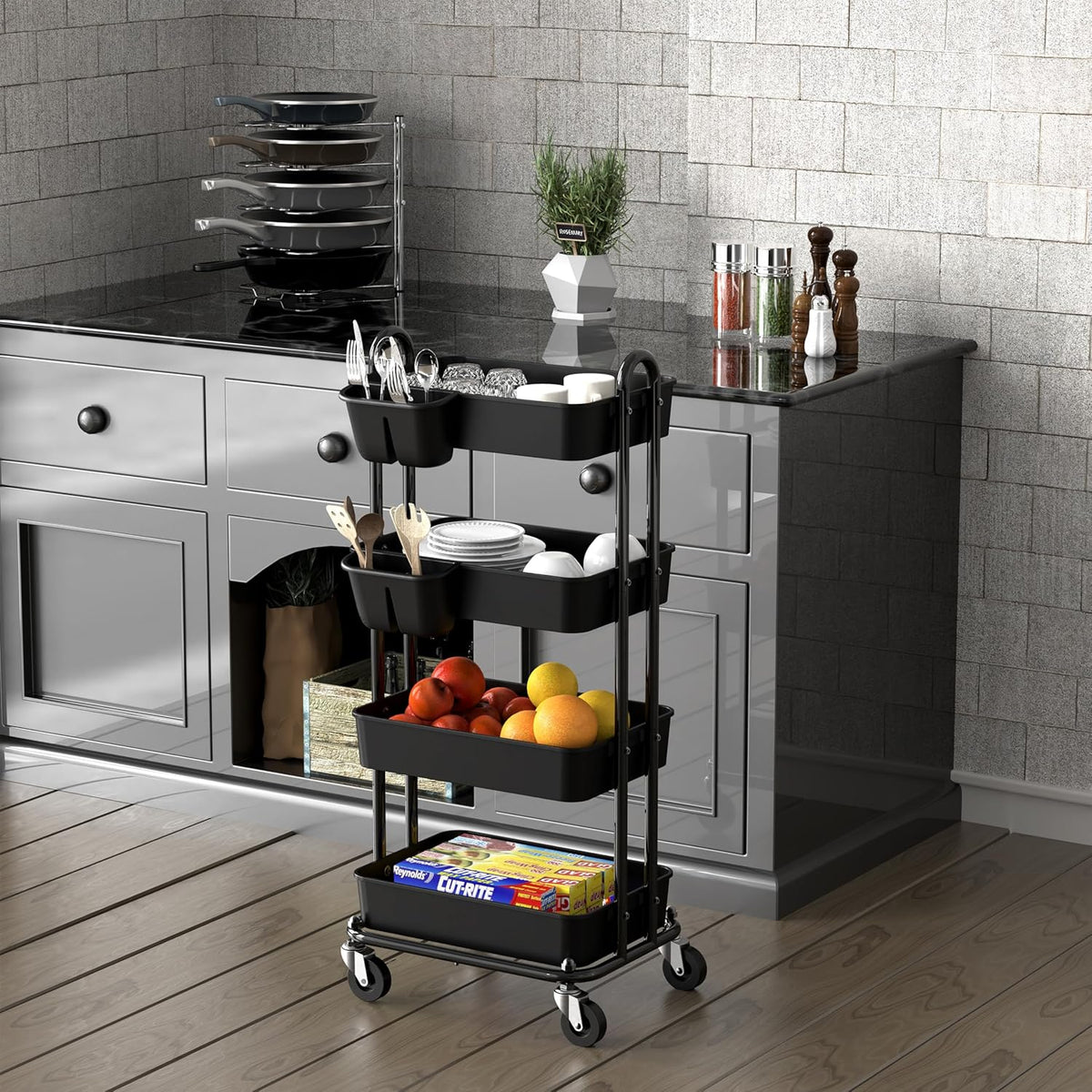 4-Tier Rolling Utility Cart with Hanging Bucket, Turquoise