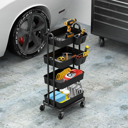 4-Tier Rolling Utility Cart with Hanging Bucket, Turquoise