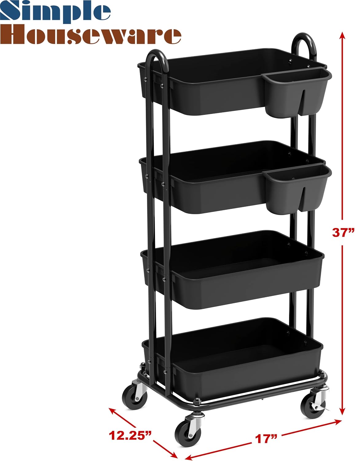 4-Tier Rolling Utility Cart with Hanging Bucket, Turquoise