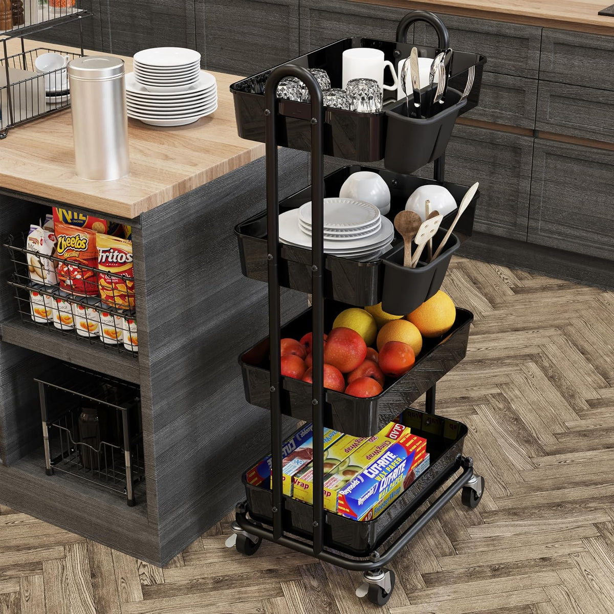 4-Tier Rolling Utility Cart with Hanging Bucket, Turquoise