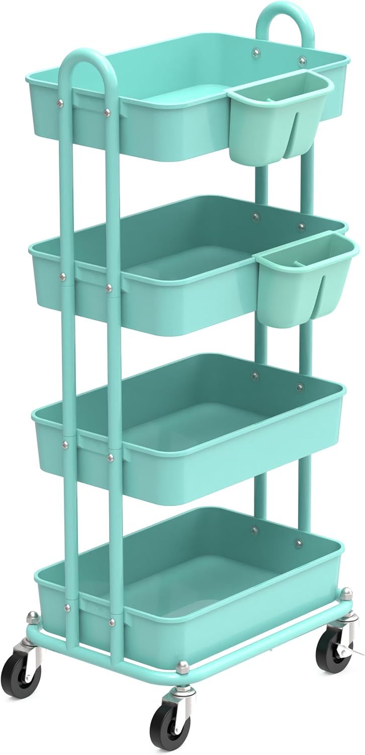 4-Tier Rolling Utility Cart with Hanging Bucket, Turquoise
