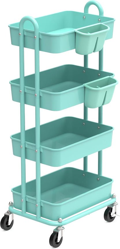 4-Tier Rolling Utility Cart with Hanging Bucket, Turquoise