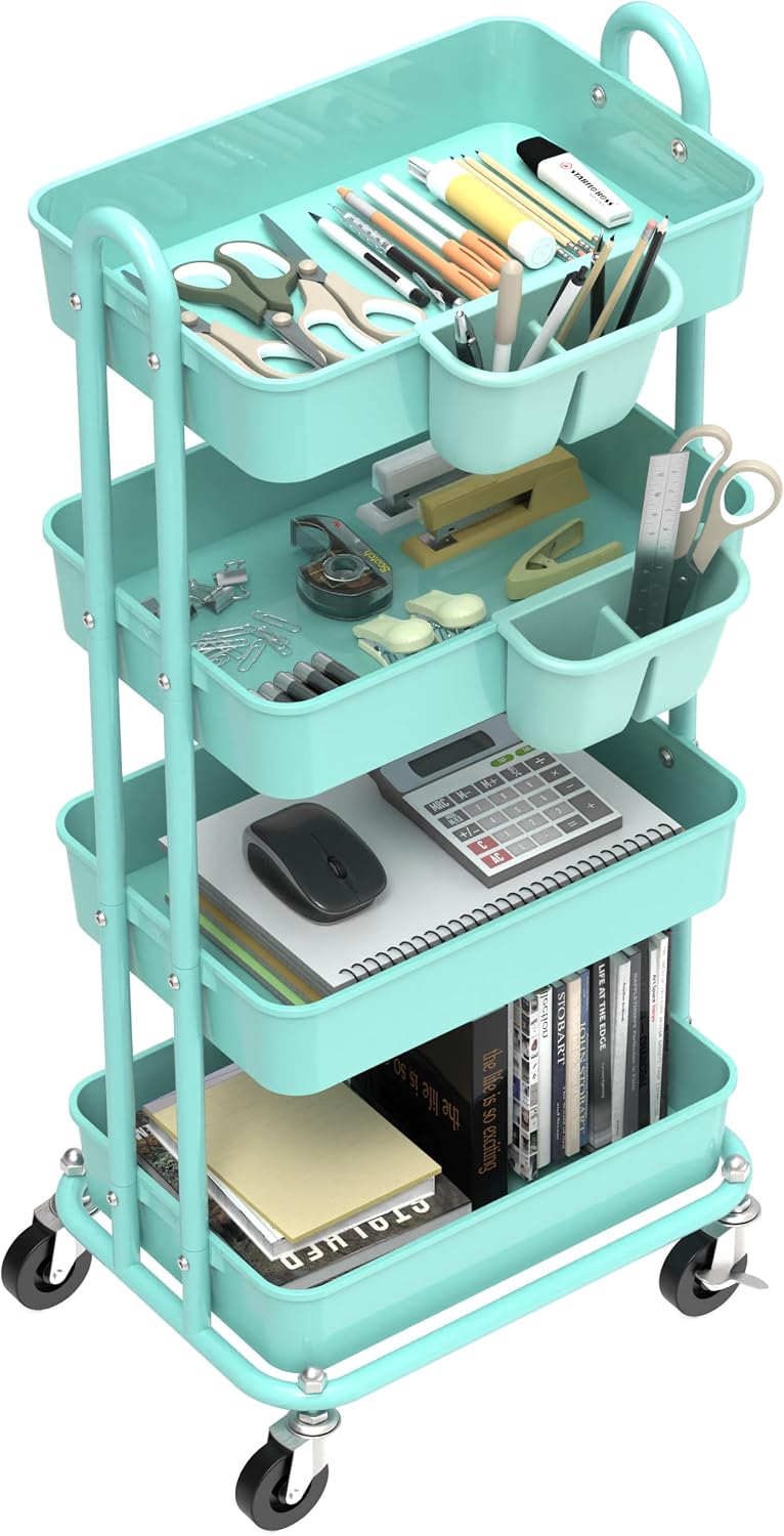 4-Tier Rolling Utility Cart with Hanging Bucket, Turquoise