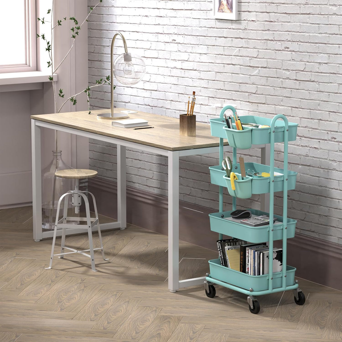 4-Tier Rolling Utility Cart with Hanging Bucket, Turquoise