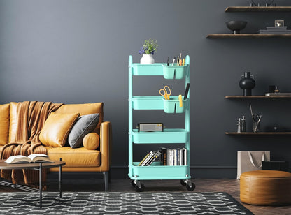 4-Tier Rolling Utility Cart with Hanging Bucket, Turquoise