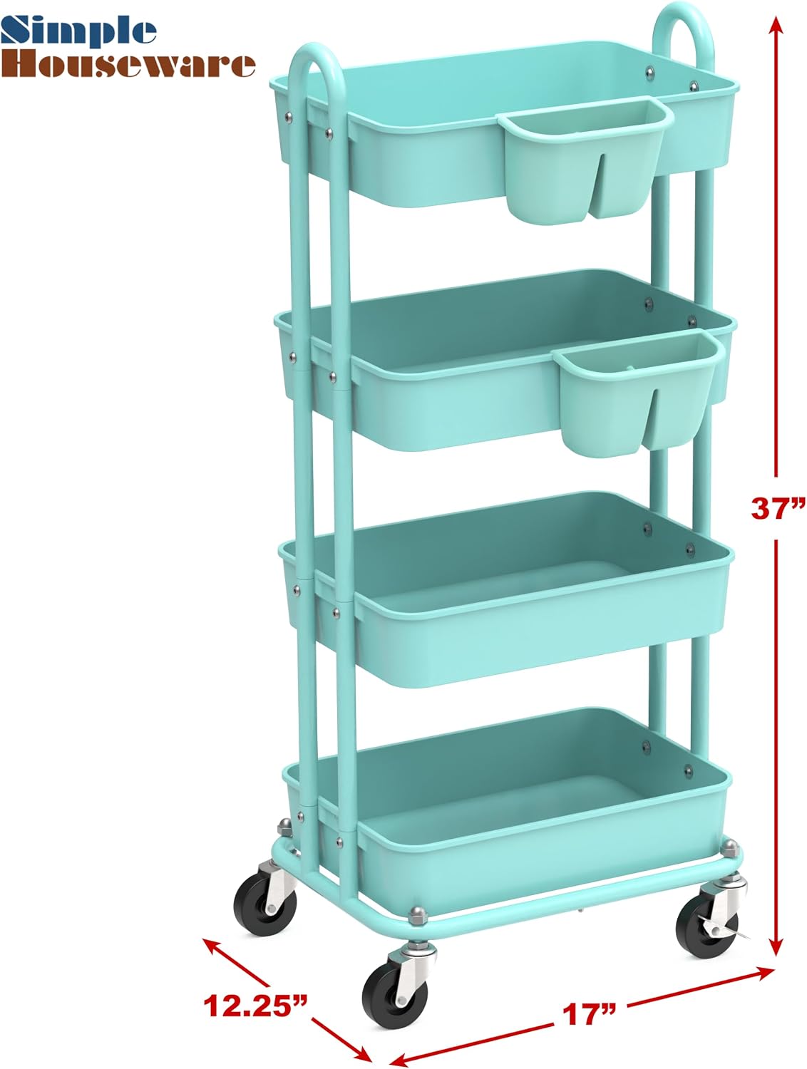 4-Tier Rolling Utility Cart with Hanging Bucket, Turquoise