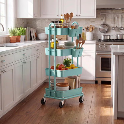 4-Tier Rolling Utility Cart with Hanging Bucket, Turquoise