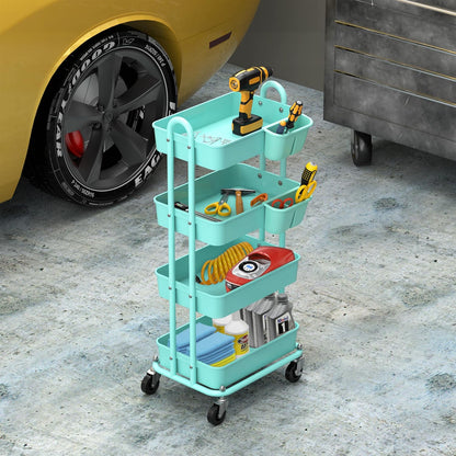 4-Tier Rolling Utility Cart with Hanging Bucket, Turquoise