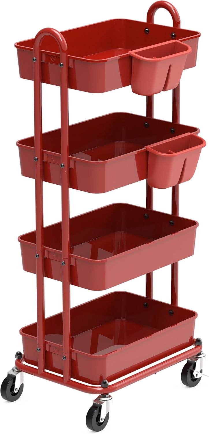 4-Tier Rolling Utility Cart with Hanging Bucket, Turquoise
