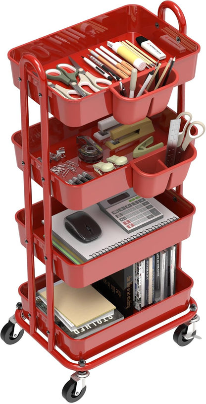4-Tier Rolling Utility Cart with Hanging Bucket, Turquoise