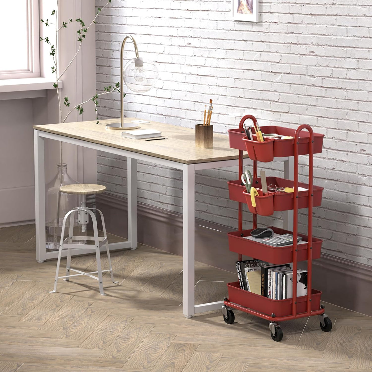 4-Tier Rolling Utility Cart with Hanging Bucket, Turquoise