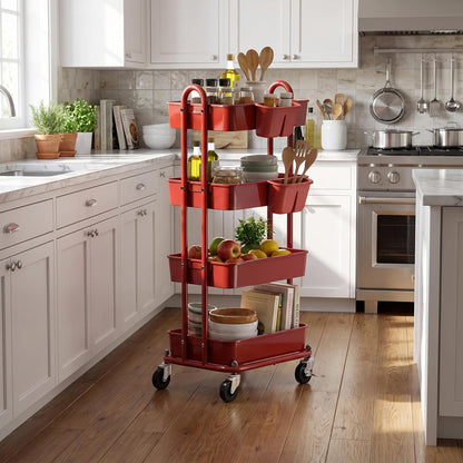 4-Tier Rolling Utility Cart with Hanging Bucket, Turquoise