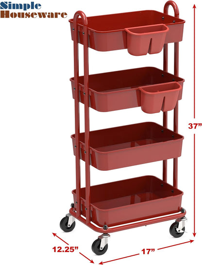 4-Tier Rolling Utility Cart with Hanging Bucket, Turquoise