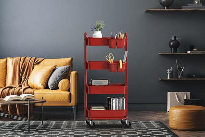 4-Tier Rolling Utility Cart with Hanging Bucket, Turquoise