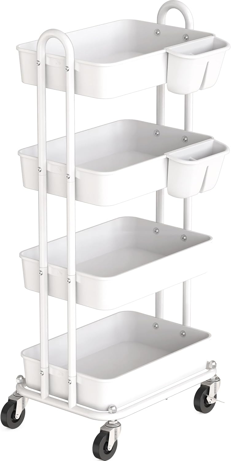 4-Tier Rolling Utility Cart with Hanging Bucket, Turquoise