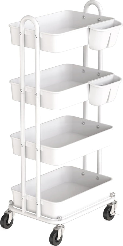 4-Tier Rolling Utility Cart with Hanging Bucket, Turquoise