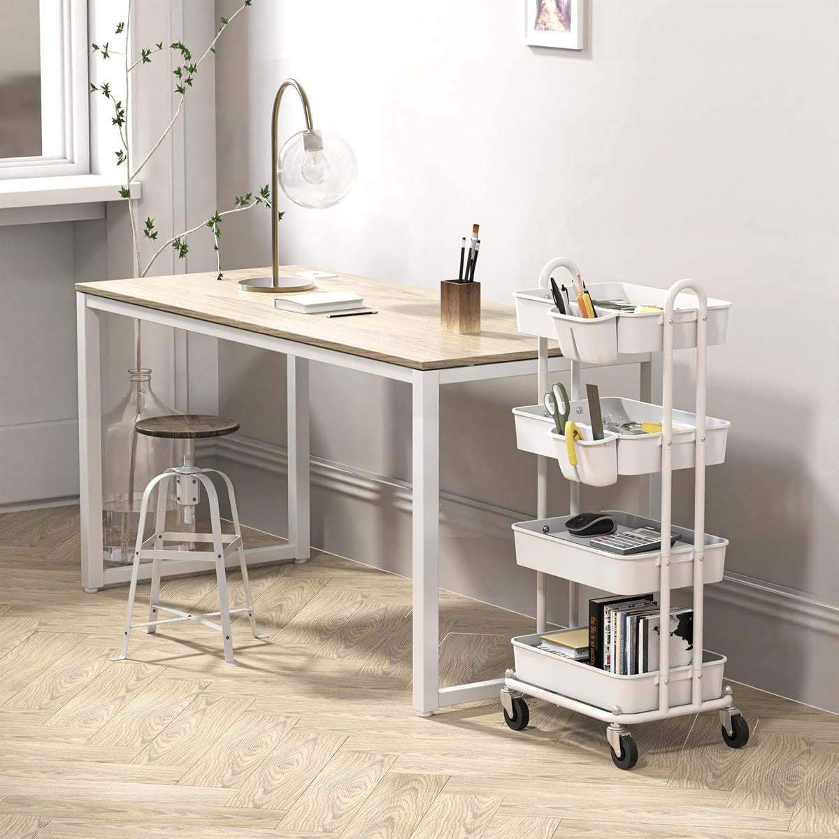 4-Tier Rolling Utility Cart with Hanging Bucket, Turquoise