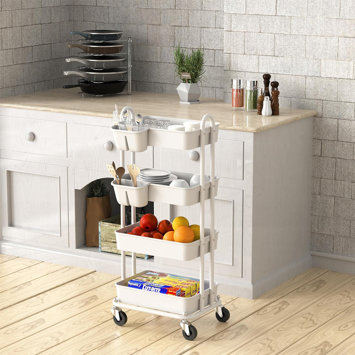 4-Tier Rolling Utility Cart with Hanging Bucket, Turquoise