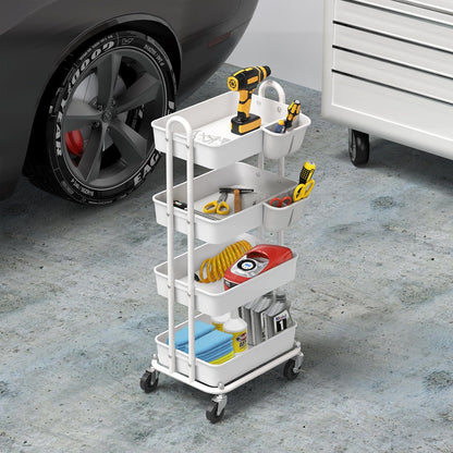 4-Tier Rolling Utility Cart with Hanging Bucket, Turquoise