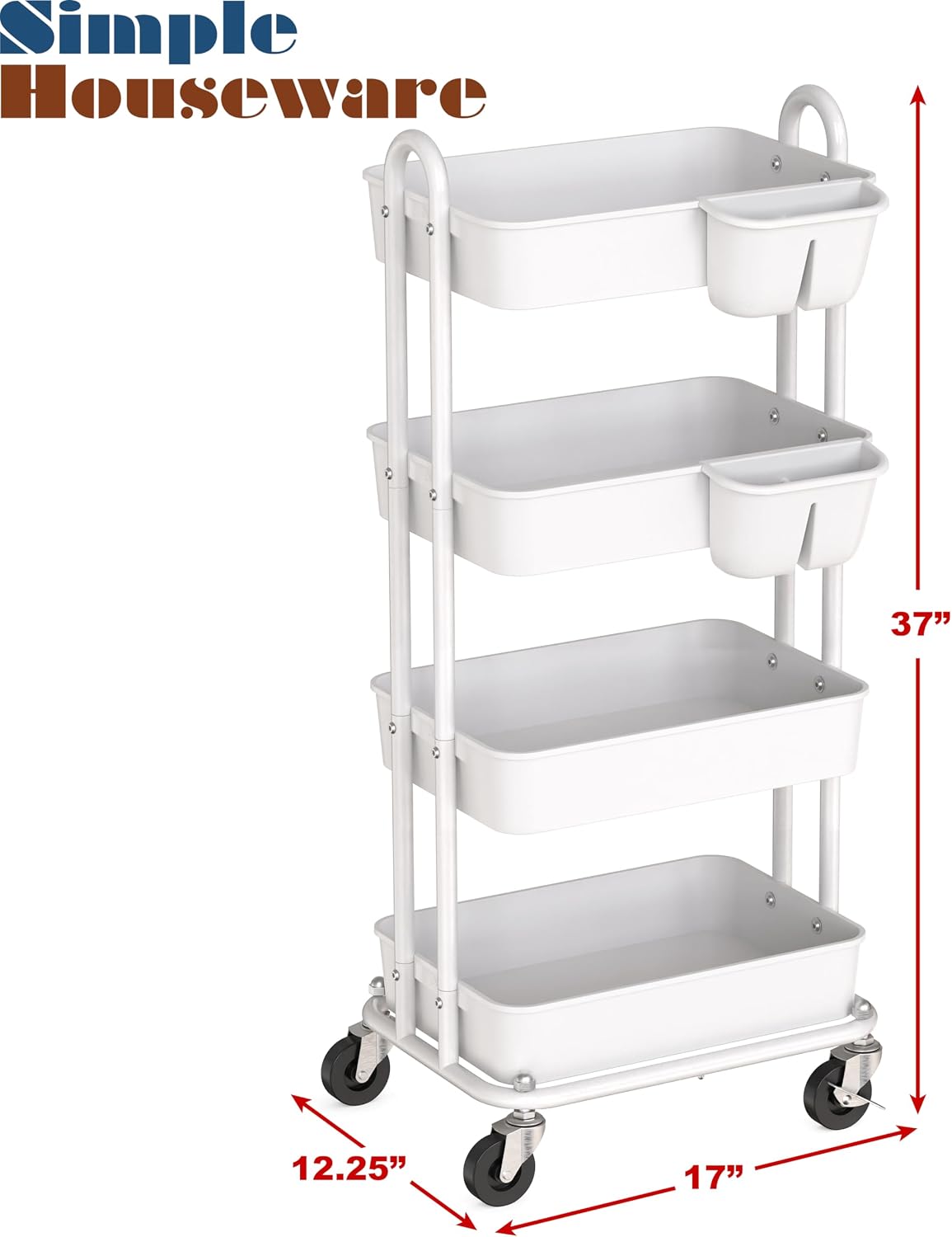 4-Tier Rolling Utility Cart with Hanging Bucket, Turquoise