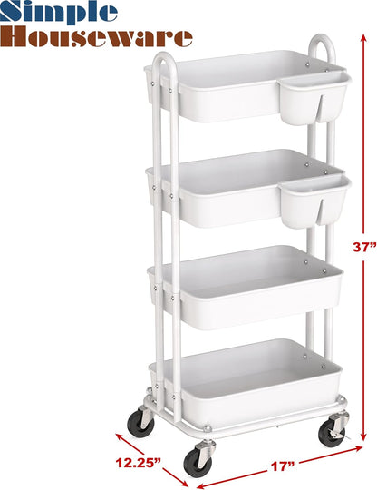 4-Tier Rolling Utility Cart with Hanging Bucket, Turquoise