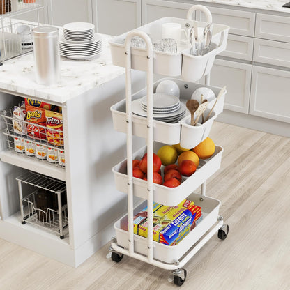 4-Tier Rolling Utility Cart with Hanging Bucket, Turquoise