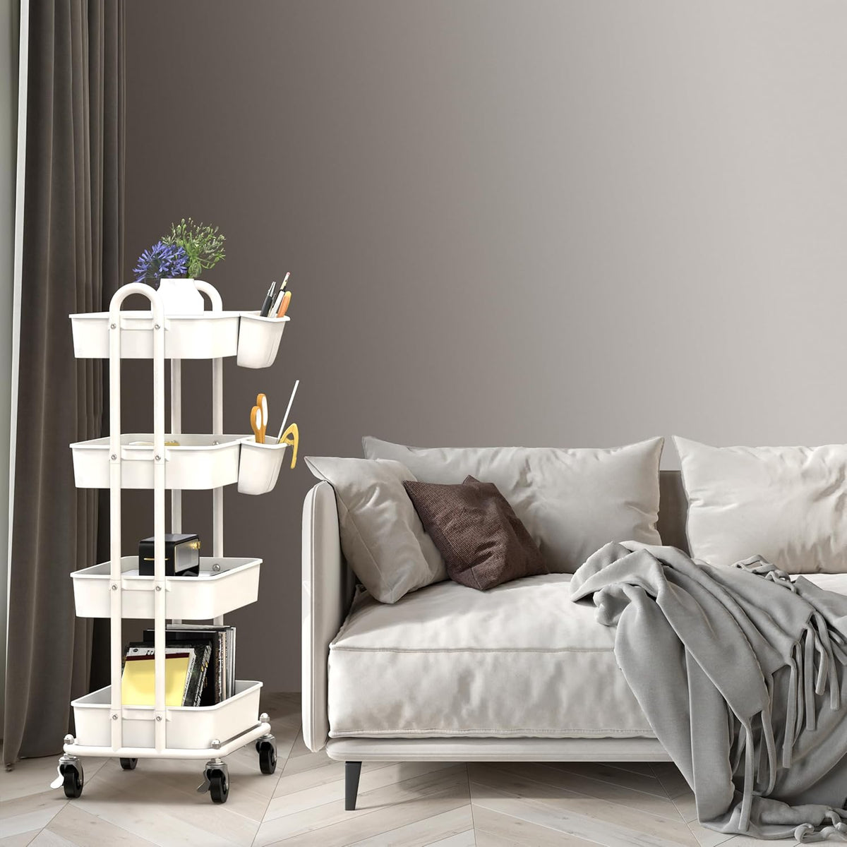 4-Tier Rolling Utility Cart with Hanging Bucket, Turquoise
