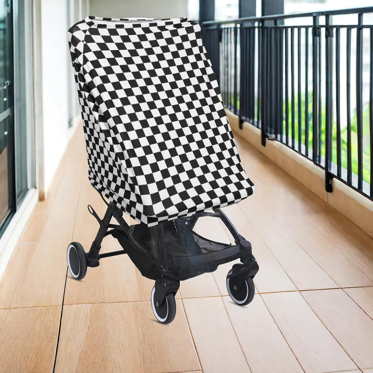 Breathable Stroller Sunshade Canopy for All-Weather Protection with Classic Black and White Grid Print, Polyester Material and Elastic Fibers and Wind Shade Cover on Diverse