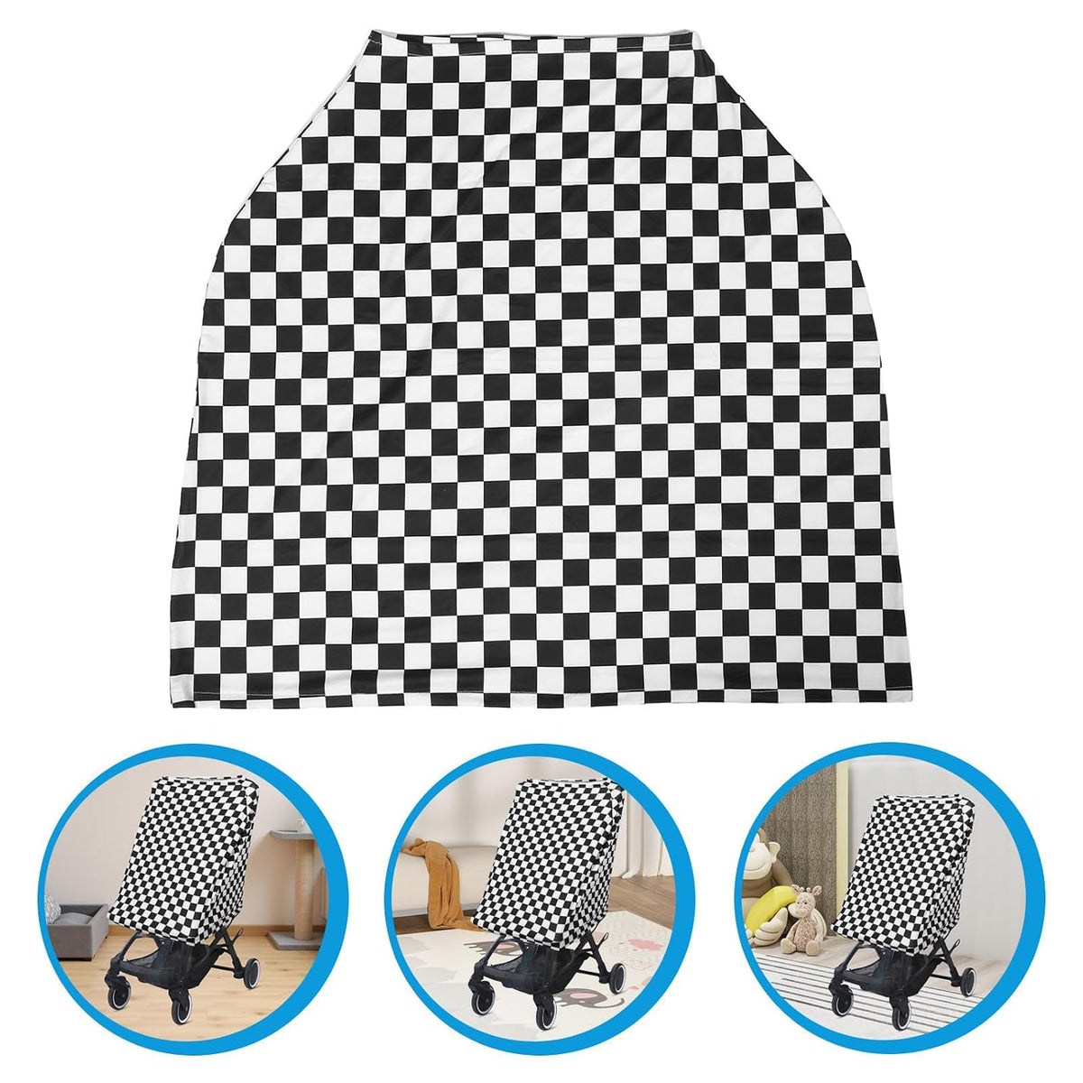 Breathable Stroller Sunshade Canopy for All-Weather Protection with Classic Black and White Grid Print, Polyester Material and Elastic Fibers and Wind Shade Cover on Diverse