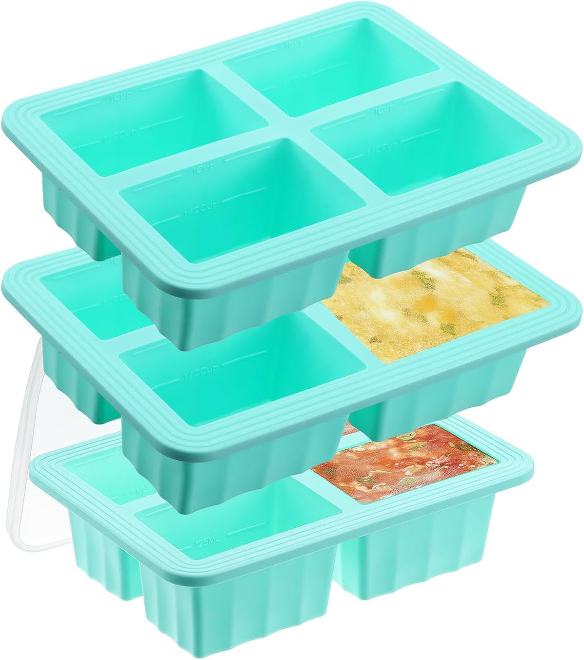 3-Pack Silicone Freezer Trays with Lids, 1-Cup Soup Freezer Containers, Large Ice Cube Molds, Reinforced Steel Ring, Oven & Dishwasher Safe, Mint Green