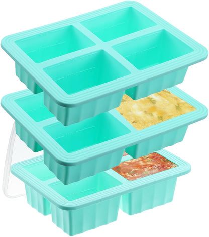 3-Pack Silicone Freezer Trays with Lids, 1-Cup Soup Freezer Containers, Large Ice Cube Molds, Reinforced Steel Ring, Oven & Dishwasher Safe, Mint Green