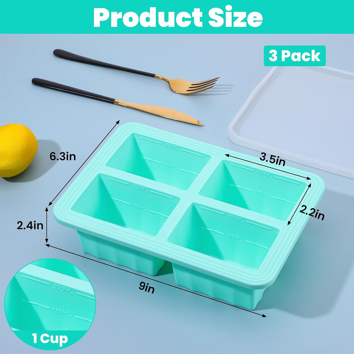 3-Pack Silicone Freezer Trays with Lids, 1-Cup Soup Freezer Containers, Large Ice Cube Molds, Reinforced Steel Ring, Oven & Dishwasher Safe, Mint Green