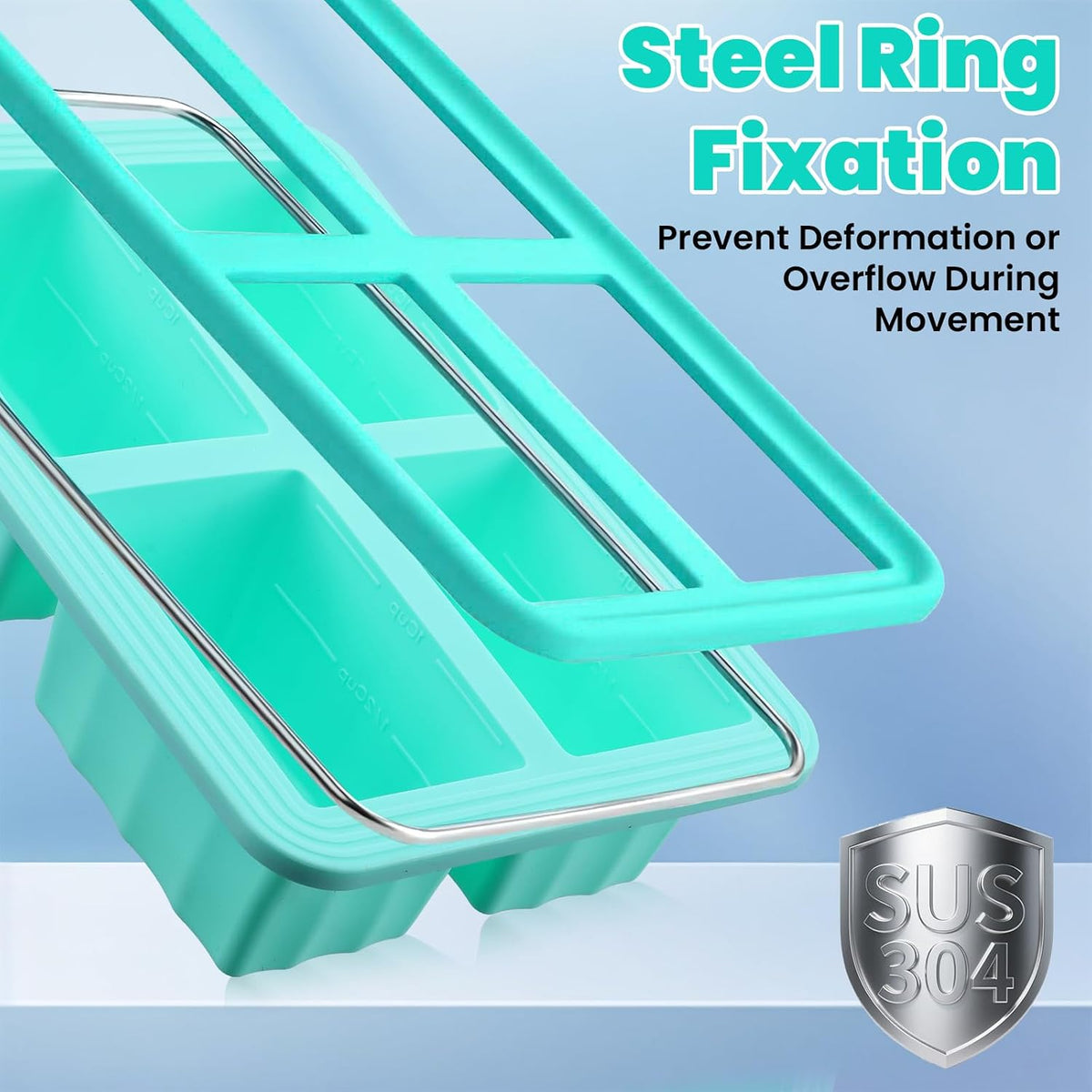 3-Pack Silicone Freezer Trays with Lids, 1-Cup Soup Freezer Containers, Large Ice Cube Molds, Reinforced Steel Ring, Oven & Dishwasher Safe, Mint Green