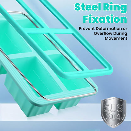 3-Pack Silicone Freezer Trays with Lids, 1-Cup Soup Freezer Containers, Large Ice Cube Molds, Reinforced Steel Ring, Oven & Dishwasher Safe, Mint Green