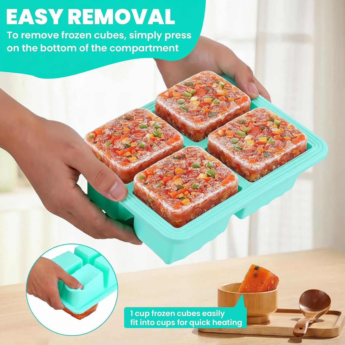 3-Pack Silicone Freezer Trays with Lids, 1-Cup Soup Freezer Containers, Large Ice Cube Molds, Reinforced Steel Ring, Oven & Dishwasher Safe, Mint Green