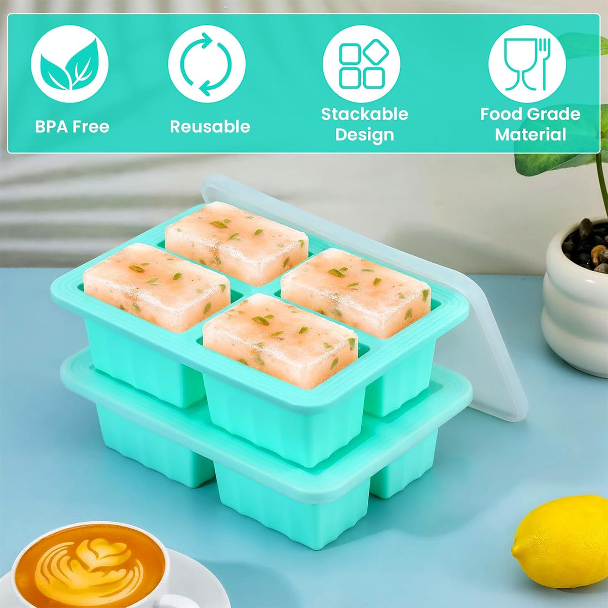 3-Pack Silicone Freezer Trays with Lids, 1-Cup Soup Freezer Containers, Large Ice Cube Molds, Reinforced Steel Ring, Oven & Dishwasher Safe, Mint Green
